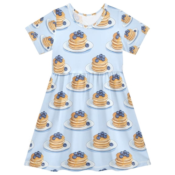 FORMRS Girls Short Sleeve Dress Summer Casual Round Neck A-line Beach Sundress, Sizes 2T-8T, Blueberry Pancake Pattern