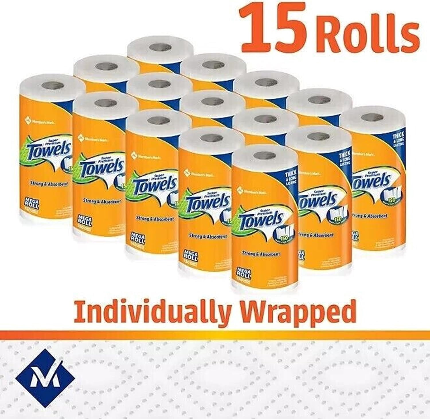 Super Premium Paper Towels, 15 Rolls, 150 Sheets Per Roll (Pack of 2)