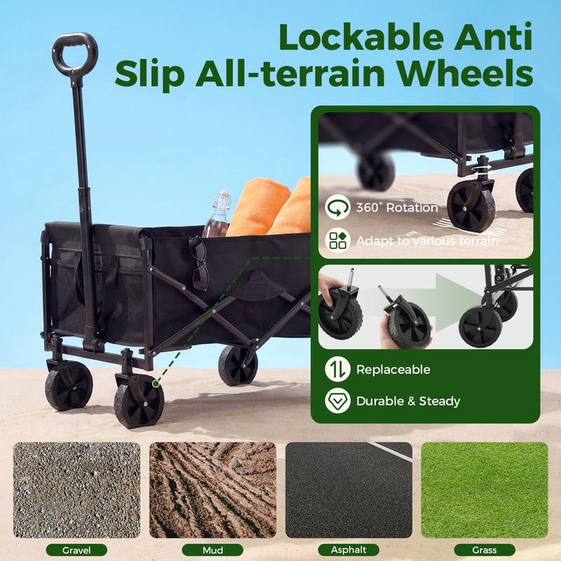 Gianna Collapsible Folding Wagon, Heavy Large Capacity Garden Wagon, Big Bucket Beach Cart with Multi-Terrain Brake Wheels for Outdoor Camping, Shopping, 28.7" X 18.7" X 35.4"，Black