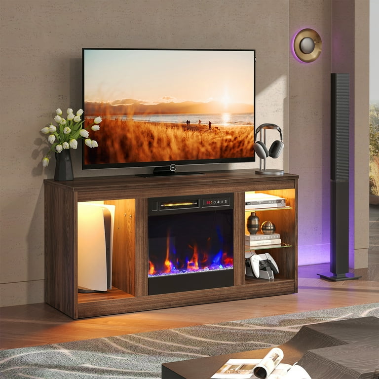 Bestier Modern Electric Fireplace TV Stand for TVs up to 55", with LED and glass shelves, Black Marble