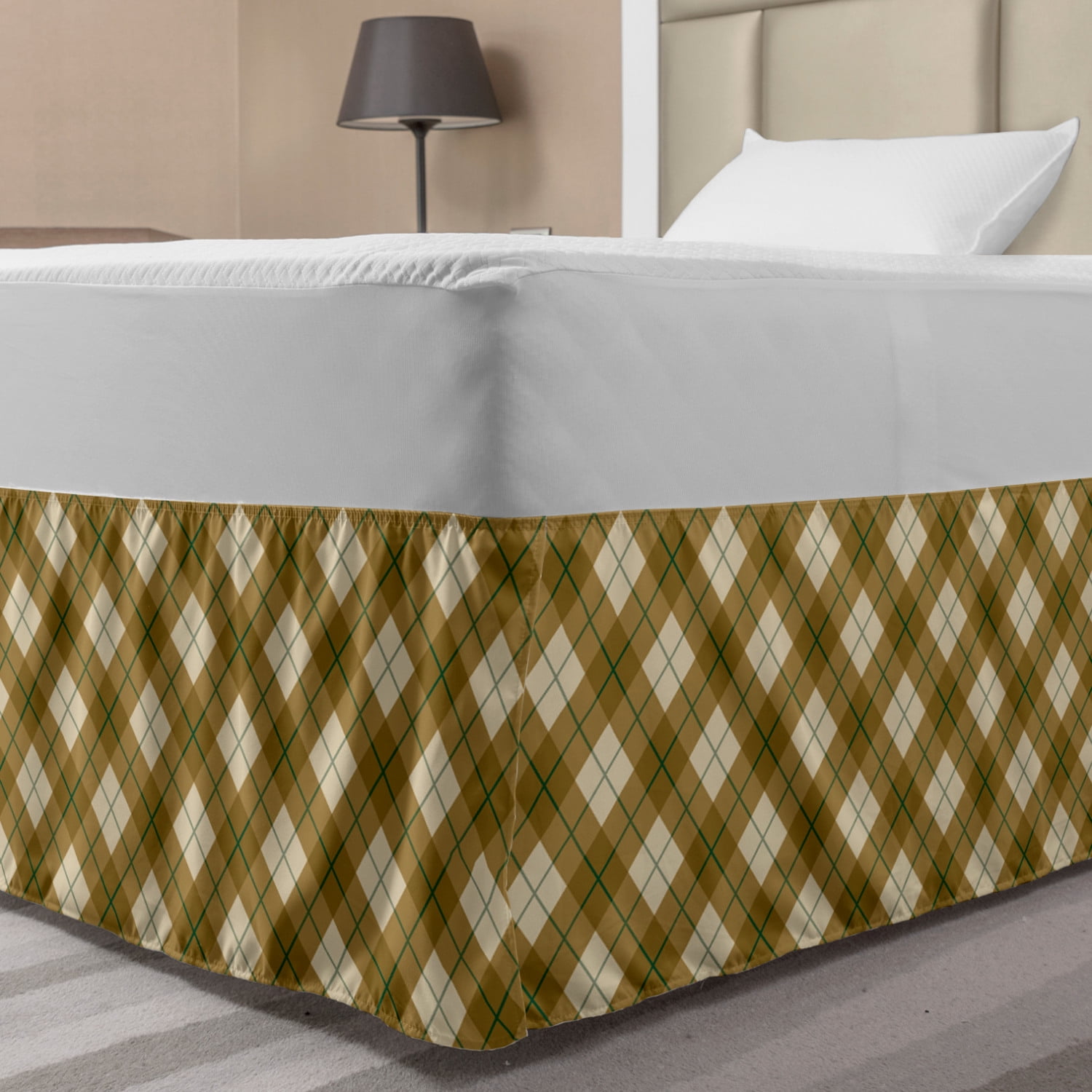 Plaid Bed Skirt, Diagonal Plaid Pattern in Browns with a Green Stripe