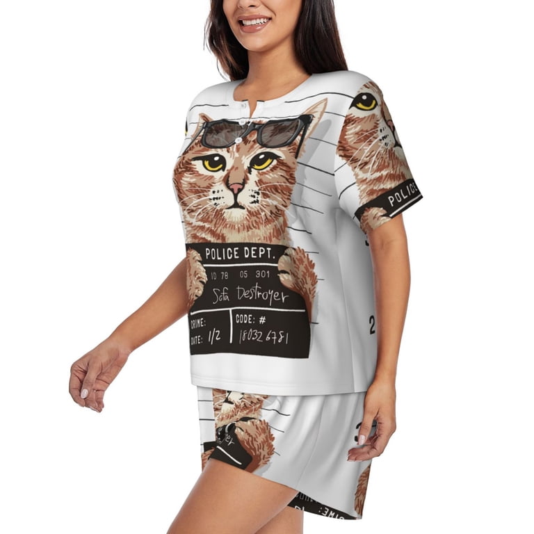 Goofa Cat Holding Mugshot Sign for Womens Cotton 2 Piece Pajamas Set Classic  Short Sleeve Pjs Set Soft Button Down Sleepwear Loungewear-XX-Large -  Walmart.com