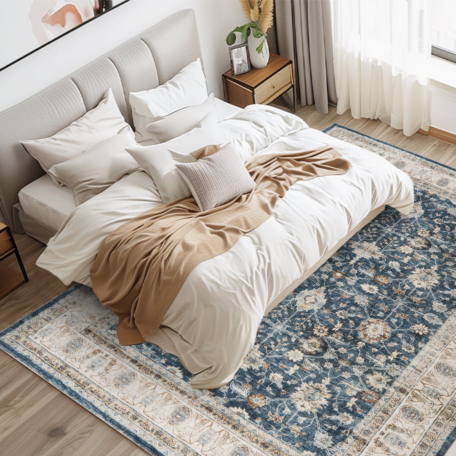 RUGKING Thin Vintage Large Area Rug Washable Rug 8'x10' Area Rugs for Bedroom Non Slip Backing Rug, Blue