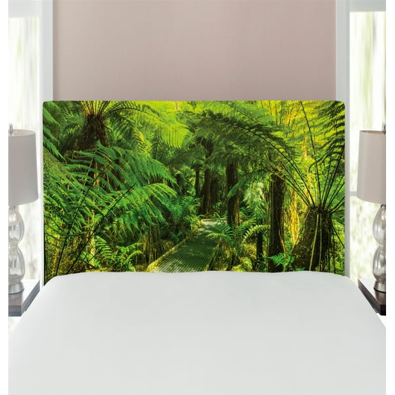 Rainforest Headboard, Rainforest Walkway Board Ferns Wet Rural Spring Traveling Destination Nature, Upholstered Decorative Metal Bed Headboard with Memory Foam, Twin Size, Green, by Ambesonne