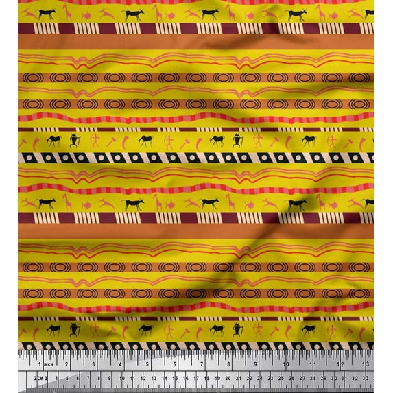 Soimoi Silk Fabric Stripe,Animal & Human Tribal Print Fabric by Yard 42 Inch Wide