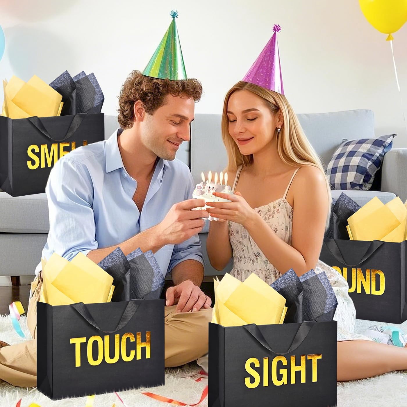 DECHISY 5 Senses Gift Bags, Gold Foil Sight Smell Touch Taste Sound Gift Bags,Five Senses Gift Bag for Him with Handles and Tissue Paper for Birthday, Mothers Day, Anniversary, Christmas(12.