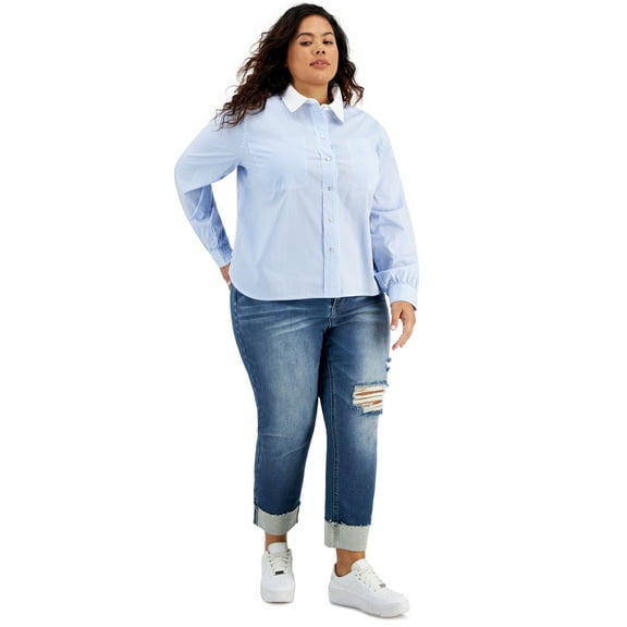 Now This Trendy Plus Size Cotton Striped Poplin Shirt Bluewhite 4X