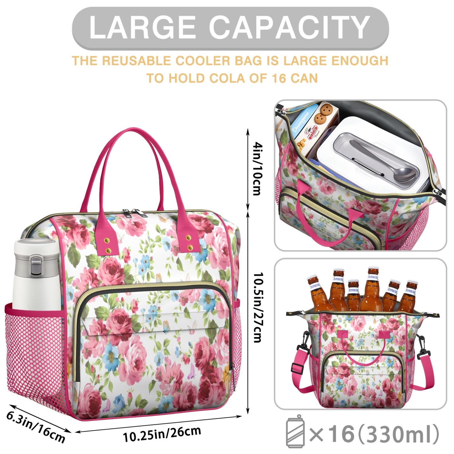 Pioneer Flower Floral Print Pattern Womens Lunch Box for Work,Insulated Large Lunch Bag for Tween and Teen,Loncheras Para Mujer,Leakproof Adult Lunch Bag for Work,Beach,Travel,Picnic,Camping