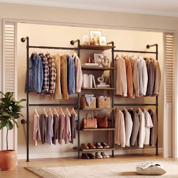 ROGALIS Industrial Pipe Clothing Rack, T1 Wall Mounted Closet System w/6 Wooden Shelves, 4 Telescopic Rods, Brown