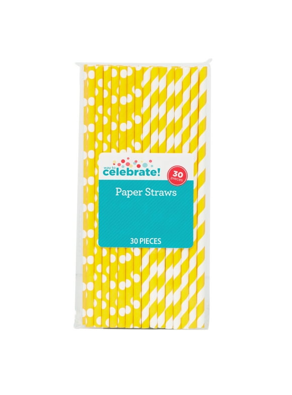 Way to Celebrate! Neon Yellow Polka Dot & Striped Paper Straws, 30ct