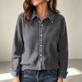 thumbnail image 2 of Fengqque Women’s Denim Collar Button Down Cardigan Sweaters Long Sleeve Cuffed Denim Trim Loose Fit Outerwear Tops Dark Gray Free Size, 2 of 6