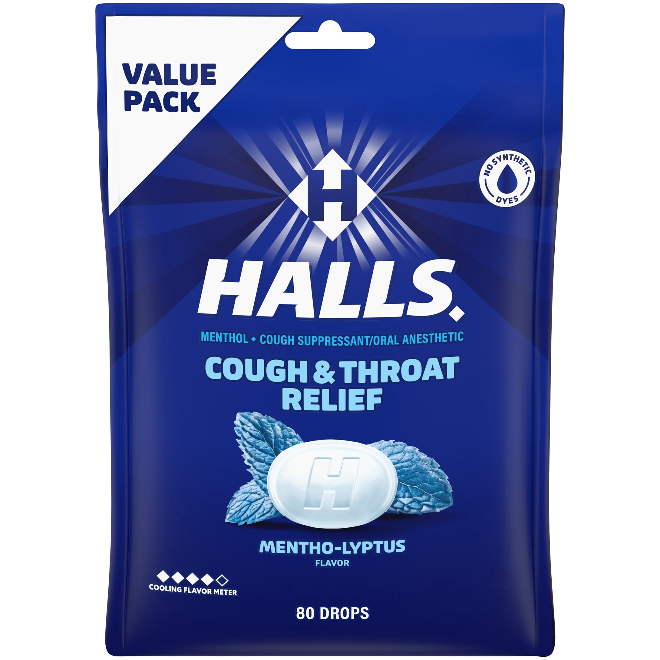 (2 pack) HALLS Cough & Throat Relief Mentho-Lyptus Cough Drops, No Synthetic Dyes, Value Pack, 80 Drops