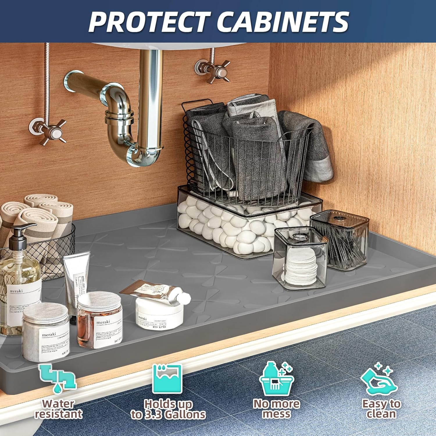 RGHJAR-19" x 19" Under Sink Mat Waterproof, Silicone Mat Kitchen Drawer Shelf and Cabinet Liner, Sink Protector for Kitchen Organizers and Storage, Boot Tray Pet Food Mats