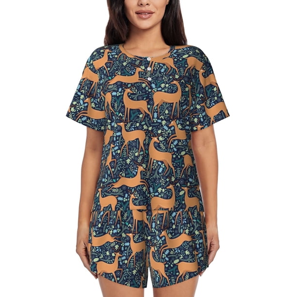 Fotbe Reindeer Conjunto de Pijama Estampado para Mujer, 2 Piezas, Ropa de Dormir con Camiseta de Manga Corta y Shorts Suaves-3X-Large