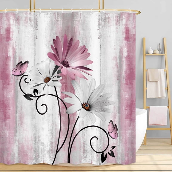 Farmhouse Floral Shower Curtain, Pink Rustic Daisy and Butterfly Bathroom Curtain, Country Cottage Style Shower Curtains Set for Bathroom Decoration with Hooks, 36X72in
