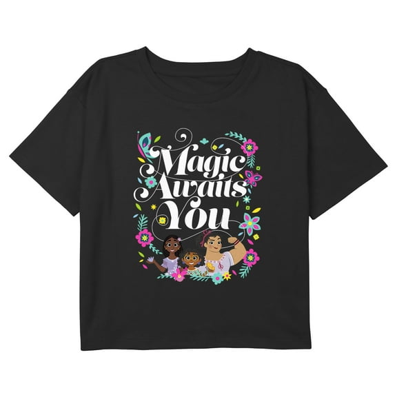 Girl's Encanto Magic Awaits You Madrigal Sisters Graphic Cropped T-Shirt Black Large