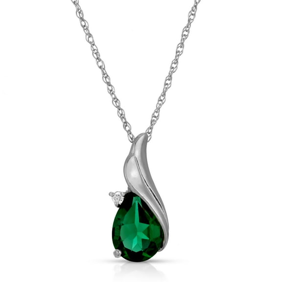Galaxy Gold 14K Solid White Gold 24" Necklace with Natural Diamonds and Lab-Grown Pear Shape Emerald, 14"-24" Sizes, May Birthstone, Symbol of Renewal