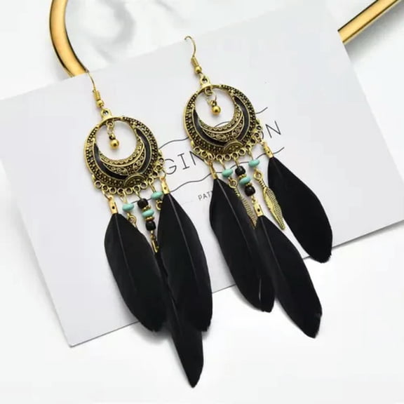HOOUN Fashion Women Jewelry Boho Tassel Earrings Beads Feather Moon Style Stud Hook-Black