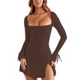 thumbnail image 2 of Vestido de manga larga con cuello cuadrado con cordón para mujer Ropa de fiesta fruncida de color sólido, 2 of 9