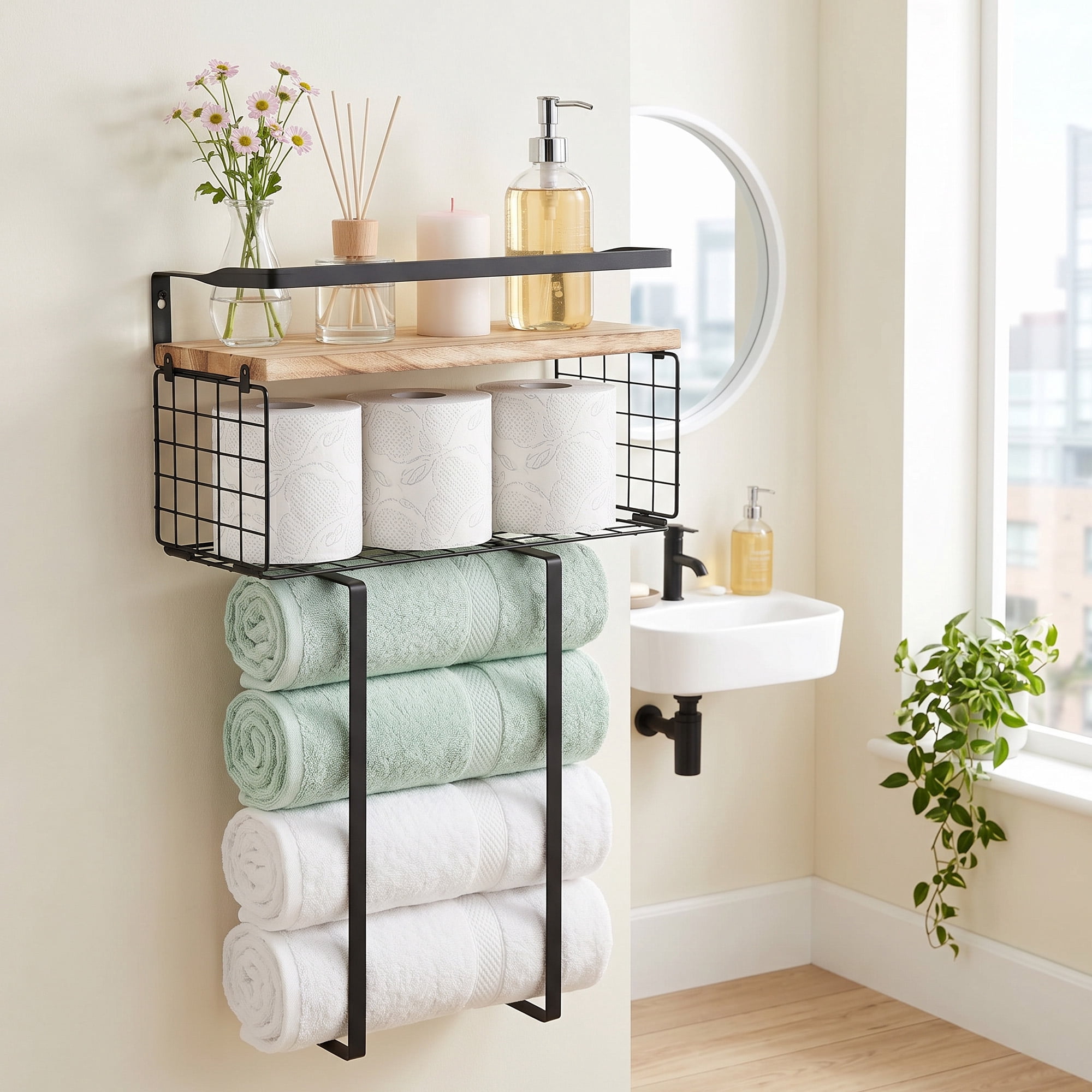 Yucurem Towel Racks for Bathroom, Metal Towel Storage Holder for Roll Towels, Wall Mounted Towel Organizer with Storage Basket and Wooden Shelf for Small Spaces