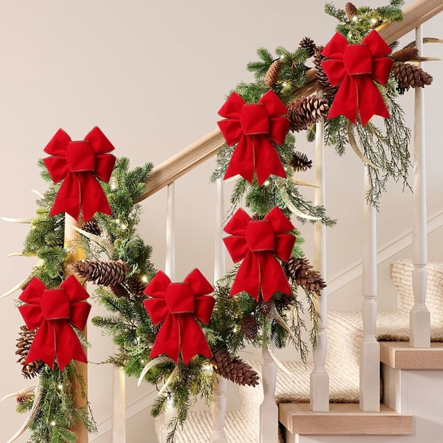 Christmas Tree Bows | Decorative Gift Wrapping Bows | 5-Pack Velvet Fabric Bows for Holiday Decorations | Tree Topper, Garland, Wreath, and Mantel Decor for Home and Party