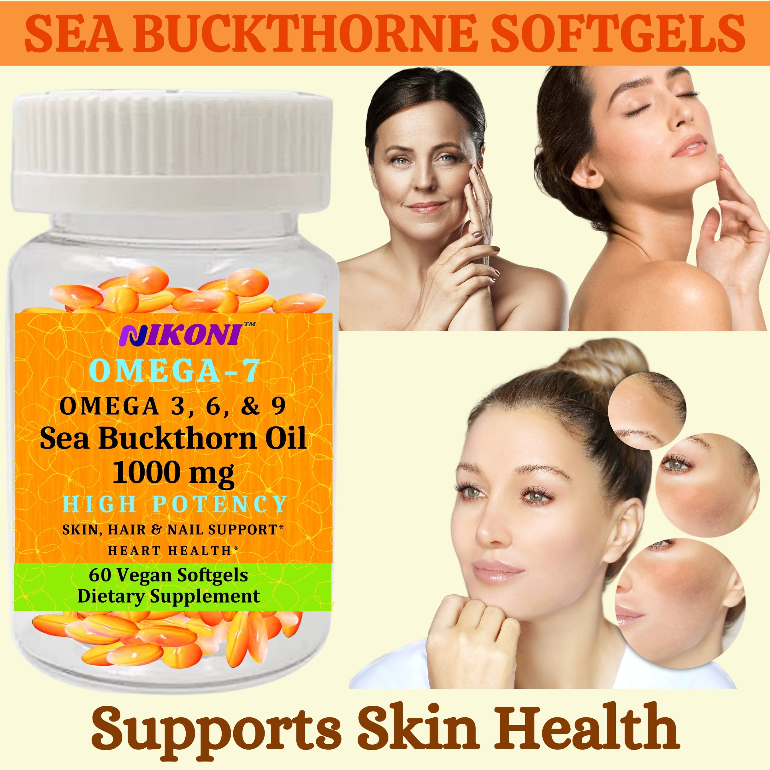 Nikoni Organic Sea Buckthorn Oil Vegan Softgels, Omega-7 and Antioxidant Nutrients for Skin, Hair and Nail Support, 120 Count