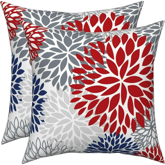 Red Navy Blue Dahlia Pillow Covers 20x20 Set of 2, Geometric Floral Outdoor Throw Pillow Covers Patriotic Pillowcase Modern Farmhouse Home Decorations Cushion Case for Living Room Bedroom