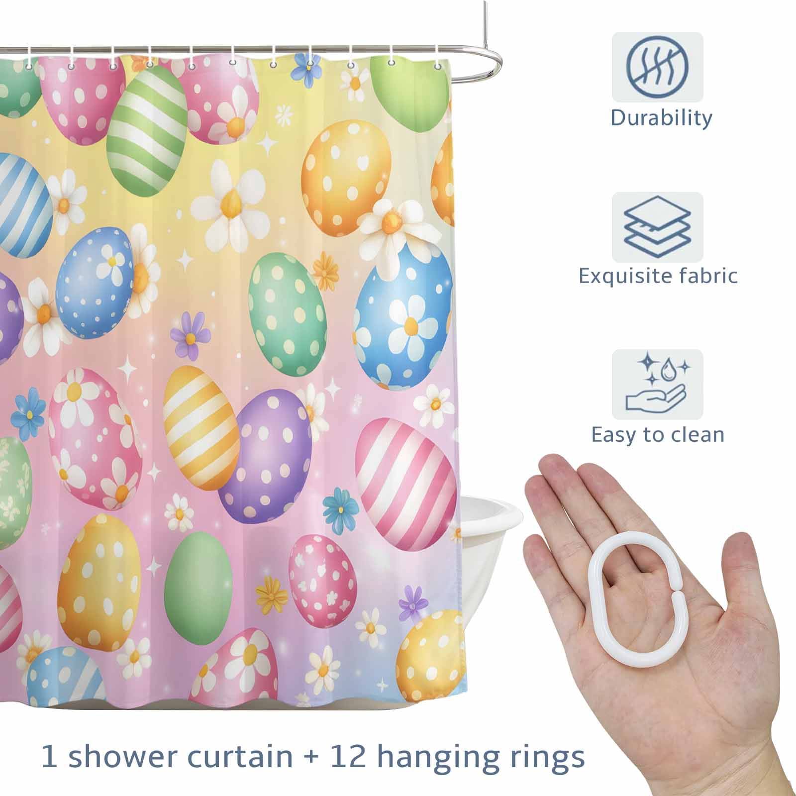 Easter Eggs Shower Curtain for Bathroom, Spring Colorful Easter Eggs Floral Gradient Yellow Pink Waterproof Cloth Fabric Bathroom Accessories Set with 12 Rust Proof Plastic Hooks, 60"x72"