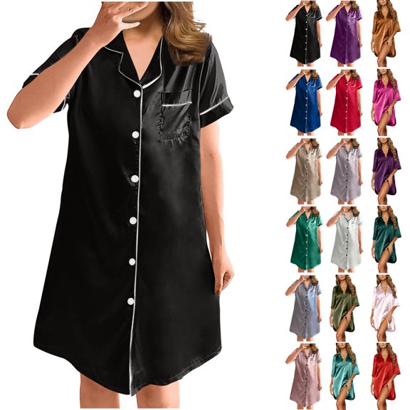 Feancey Women's Satin Nightshirt 2026 Casual Button Down Lapel Sleep Shirt Short Sleeve Loose Silk Nightgowns Comfy Sofy Fall Loungewear,Black,L