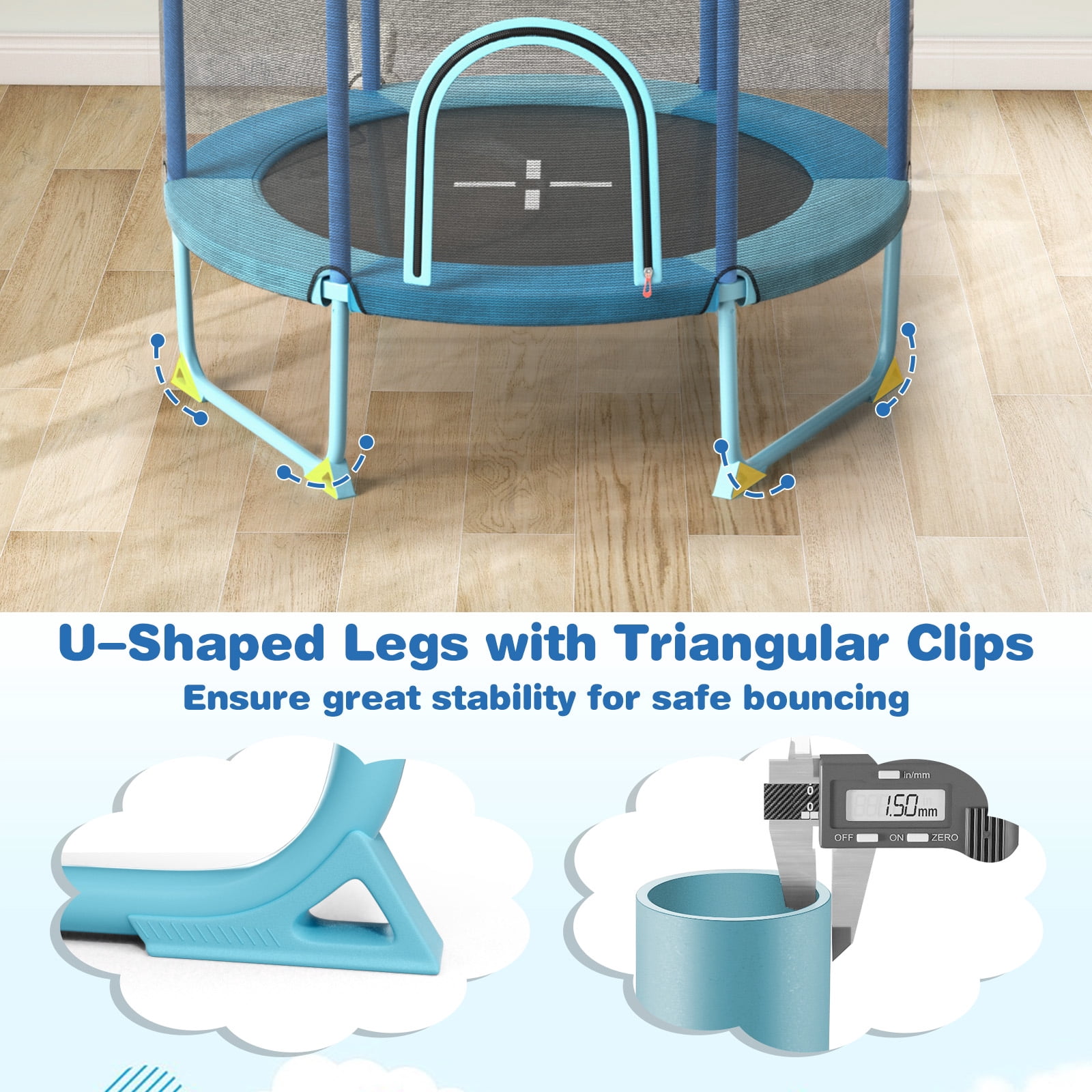 Infans 60" Trampoline for Kids w/Gymnastic Bar Rings Foamed Handle No Gap Design Blue