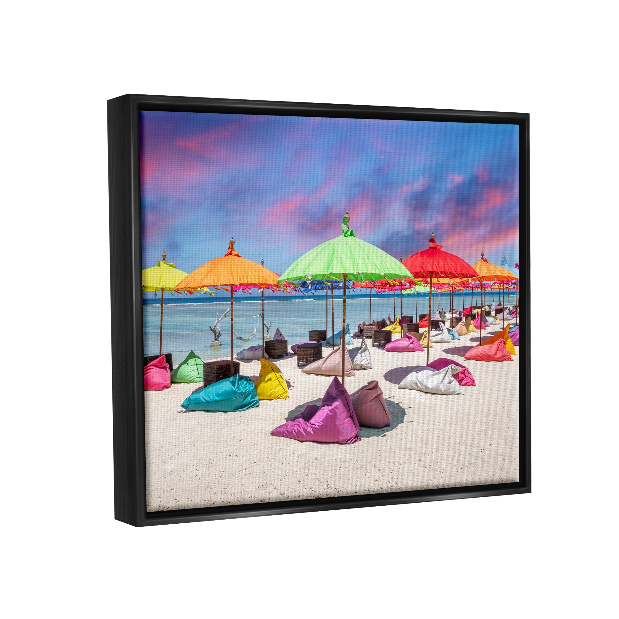 Stupell Industries Beach Umbrellas on Shore Landscape Photography Black Floater Framed Canvas Art Print Wall Art, 31 x 25