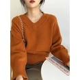 thumbnail image 4 of Suéteres vintage con cuello en V para mujer, suéteres de punto sueltos, suéteres sólidos suaves y cálidos, suéteres femeninos, prendas de punto, camisetas de jersey, 4 of 5