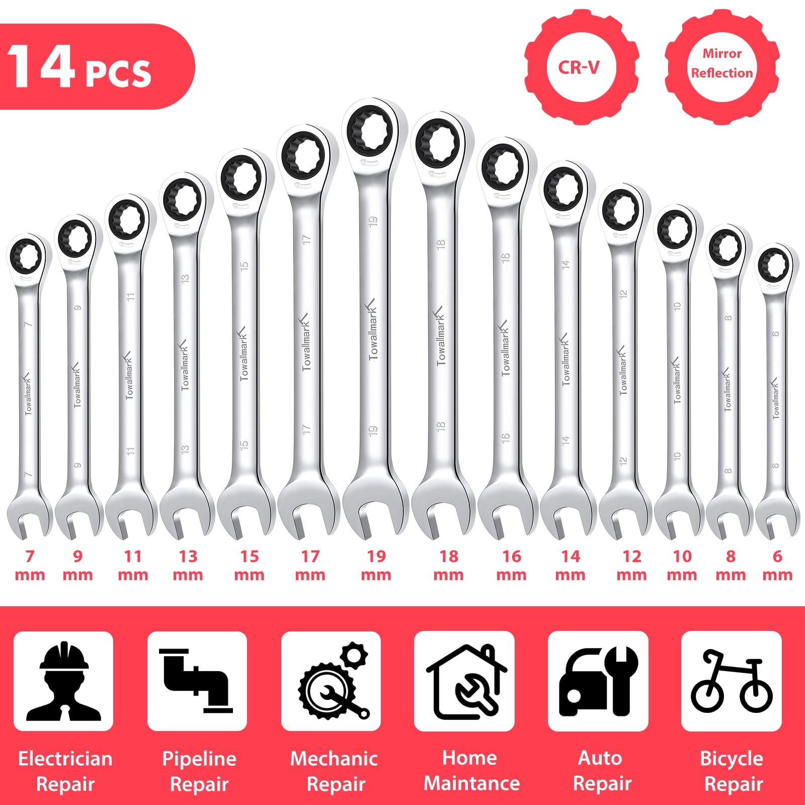 Mescukay Flex-Head Wrench Set of 12, Ratcheting Combination Set, Metric 8-19mm, 72-Teeth,Cr-V Steel Ratchet Wrenches Set with Storage Bag for home/car/bike etc