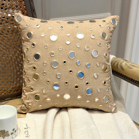 Throw Pillow Covers, Beige Throw Pillows For Couch 16x16 inch (40x40 cm), Cotton Decorative Pillow Covers, Circles & Dots, Mirror Embroidery, Contemporary Cushion Cover - Reflections