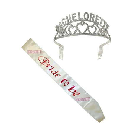 Bachelorette Party Bridal Shower Accessories Kit- Bachelorette Tiara Crown and White Bride To Be Bachelorette Sash