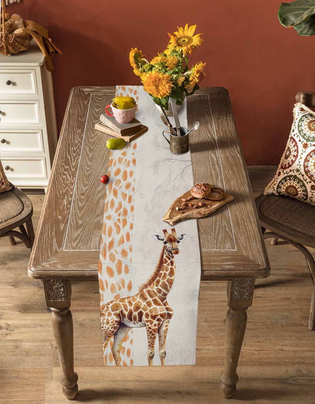 Vintage Giraffe Burlap Cotton Table Runner 14x72 Inches Long, Modern Art Animal Watercolor Farmhouse Table Runners, Outdoor Dining Tablecloths Decor for Baby Shower/Party/Wedding