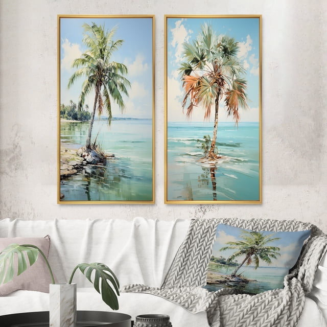 Designart "Minimalism Plam Tree silence II" Palms & Palm Trees Framed Wall Art Set Of 2 - Green Floral Frame Gallery Set For Office Decor