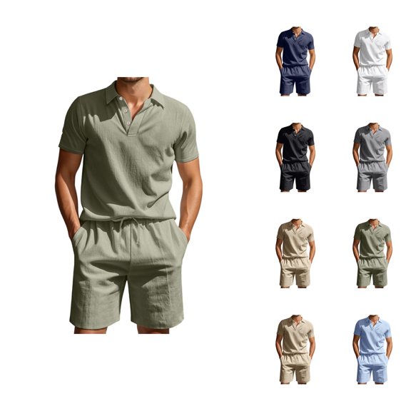 Short Sets for Men Cotton Linen Short Sleeve Polo Shirt and Shorts 2 Piece Matching Set Lightweight Summer Outfits