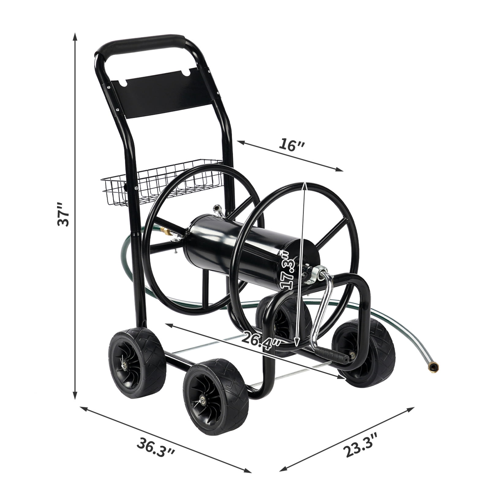 Heavy Duty Garden Hose Reel Cart with 4 Wheels & Storage Basket, Powder-Coated Steel Frame, Brass Fittings, Foam-Padded Handle, Mobile Water Hose Caddy for Yard Lawn Commercial Use