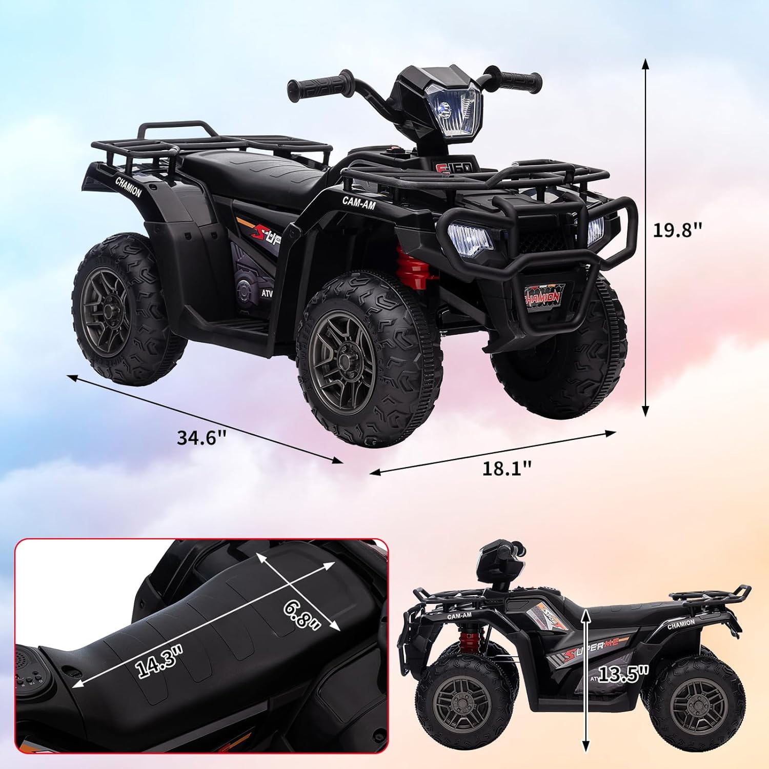 Historyli 12V Ride on ATV, High/Low Variable Speed Ride on Electric Vehicle with LED Light & Music, Black