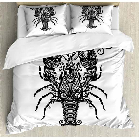 Lobster Duvet Cover Set King Size, Oriental Tattoo Style Print of Lobster with Curvy Wavy Geometric Ornaments, Decorative 3 Piece Bedding Set with 2 Pillow Shams, Black and White, by Ambesonne