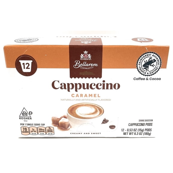 Caramel Cappuccino Coffee Pods, K-Cup Compatible,12 Single Serve Cups, Bellarom 6.3oz/114g – 1 Box