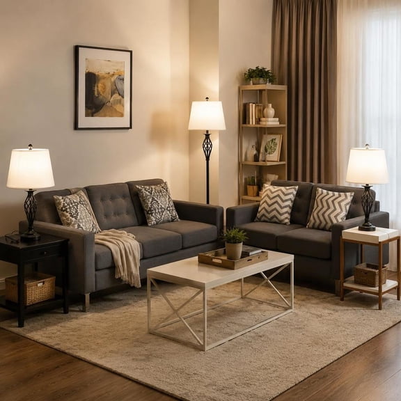 3-Piece Lamp Set, metal construction with 2 table lamps and 1 floor lamp, white fabric shades, 60W base