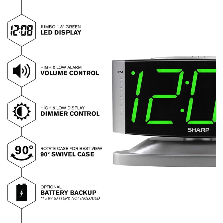Sharp Digital Dual Alarm Clock With Battery Backup - Large Green LED Display