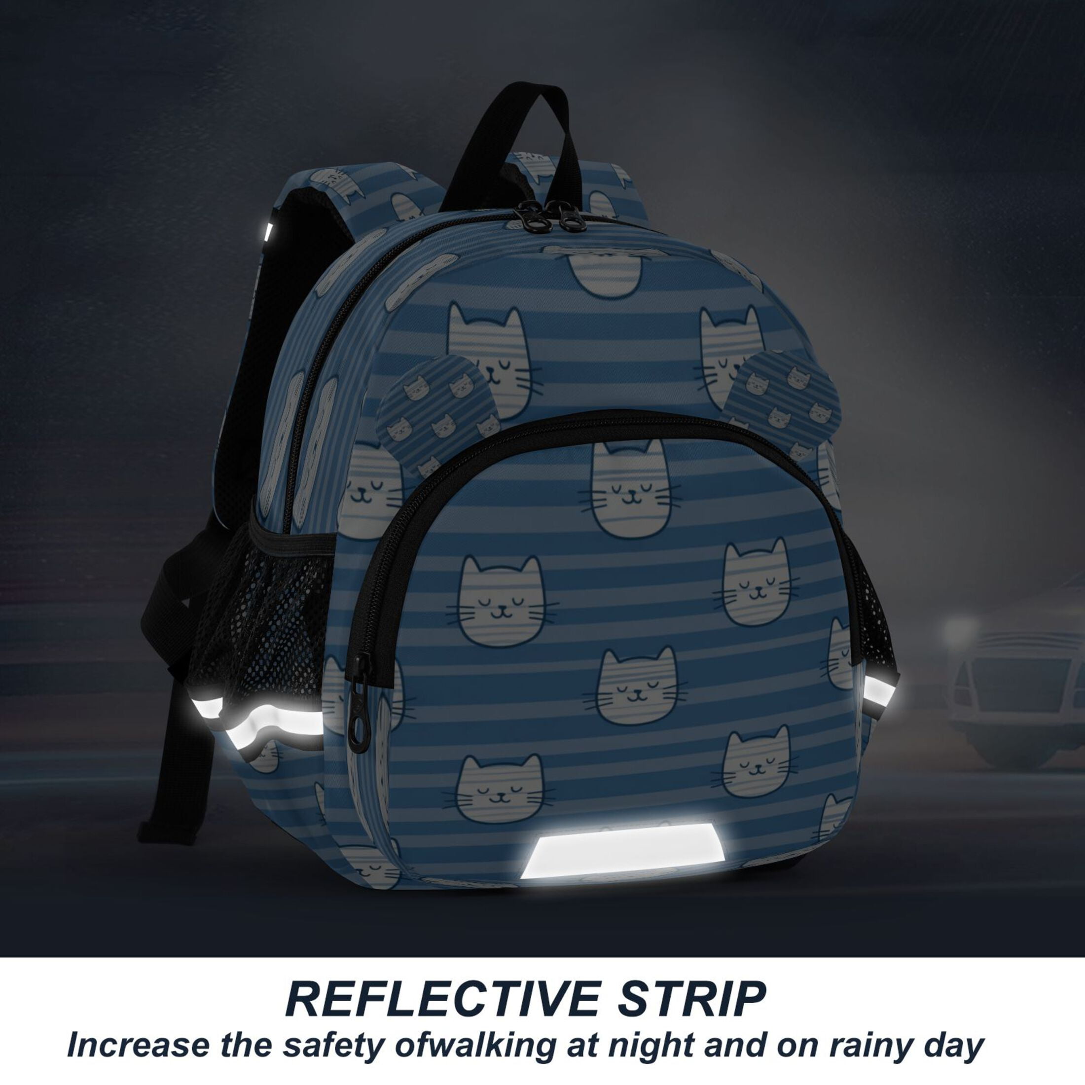 RMDQTR Adorable Ear-Print Backpack with Reflective Strip and Anti-Lost Leash Adjustable Shoulder Straps Mini Travel Backpack Cartoon Cat Face Pattern