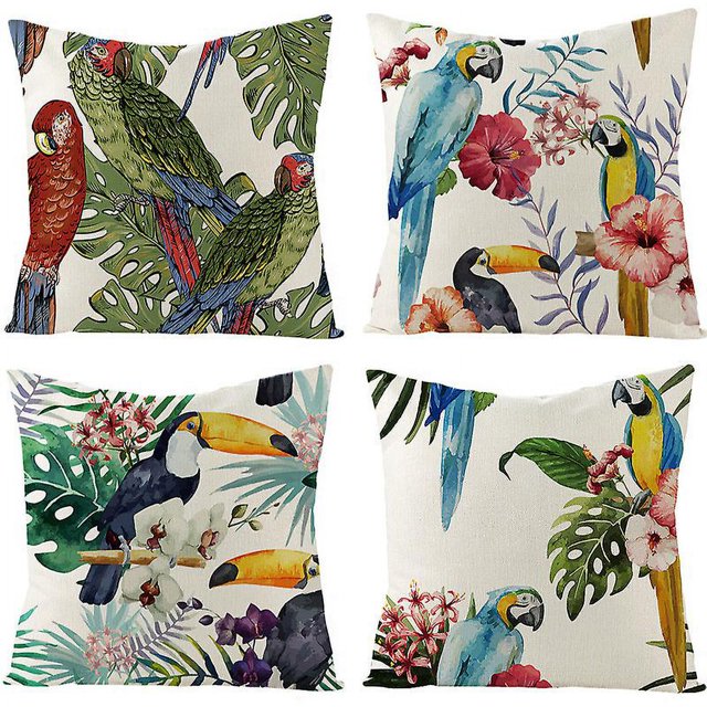 Juego de 4 fundas de cojín para exteriores, impermeables, con diseño de plantas tropicales, flores y pájaros, para sofá, patio, jardín, sala de estar, dormitorio