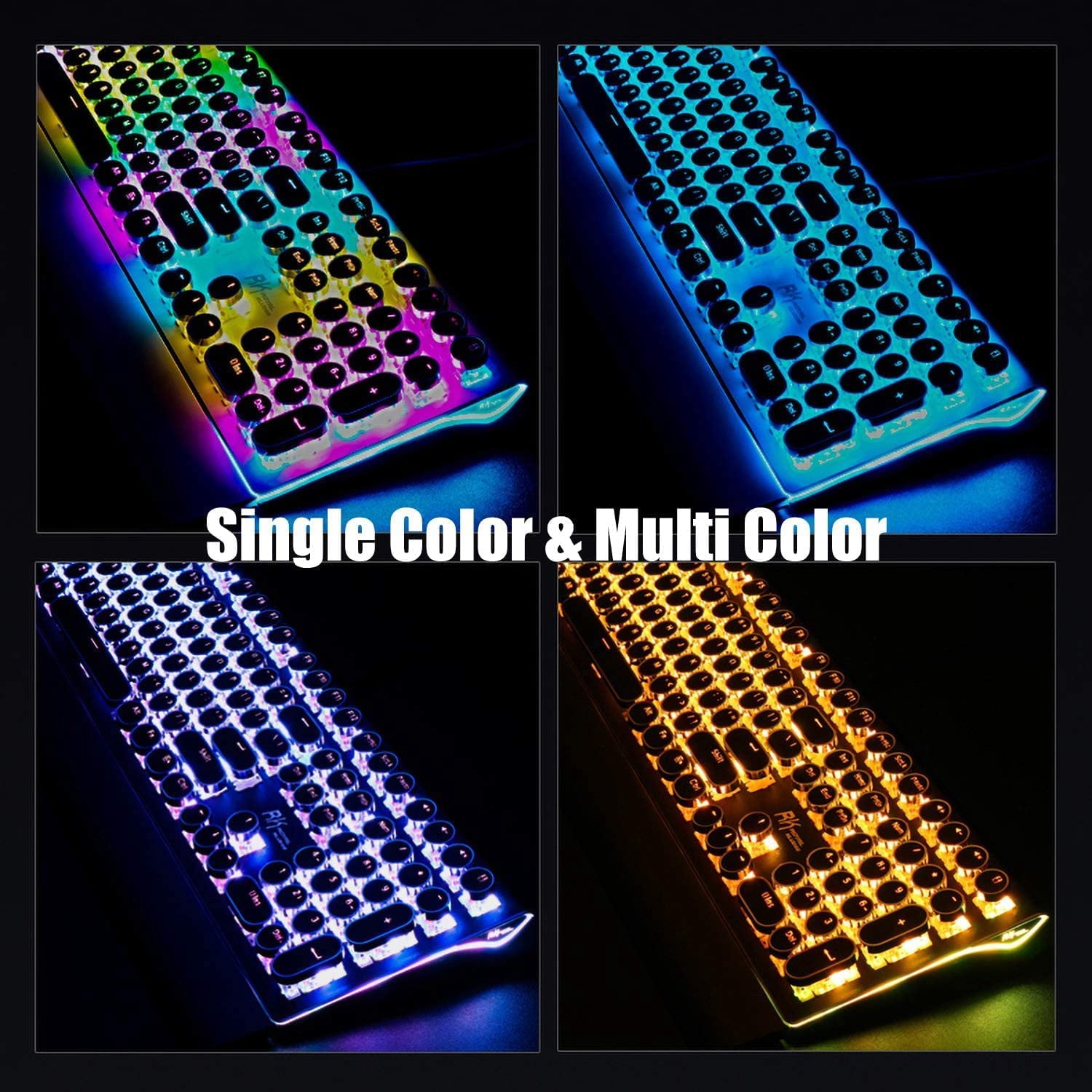 Typewriter Keyboard, Retro Mechanical Gaming Keyboard Wired 108 Keys with RGB Backlit Sidelight, Detachable Wrist Rest, Round Keycaps Blue Switches - Black