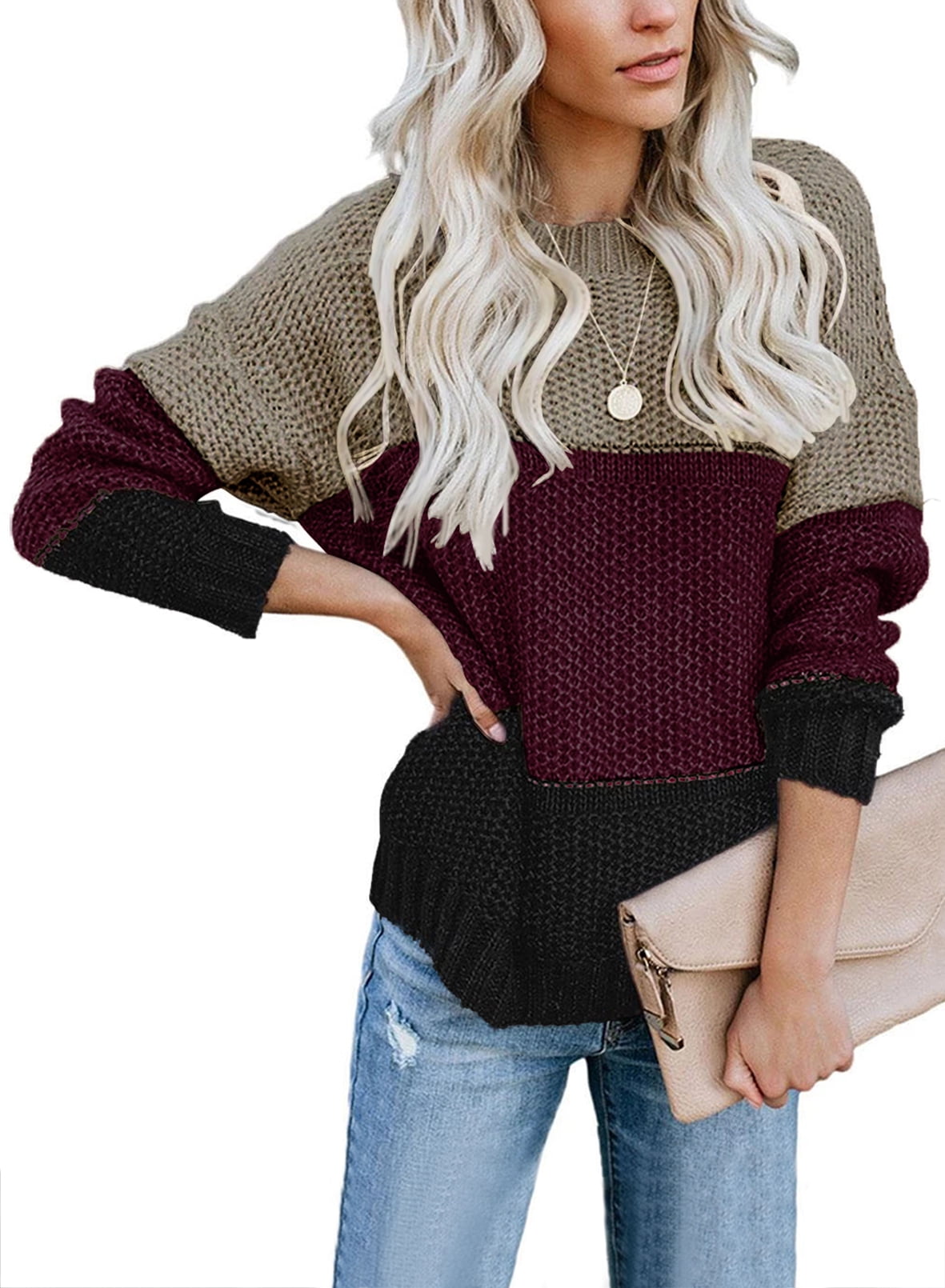 KIRUNDO Women’s Stripe Color Block Short Sweater Long Sleeve Stitching Color Crew Neck Loose Knitted Pullovers Jumper Tops 