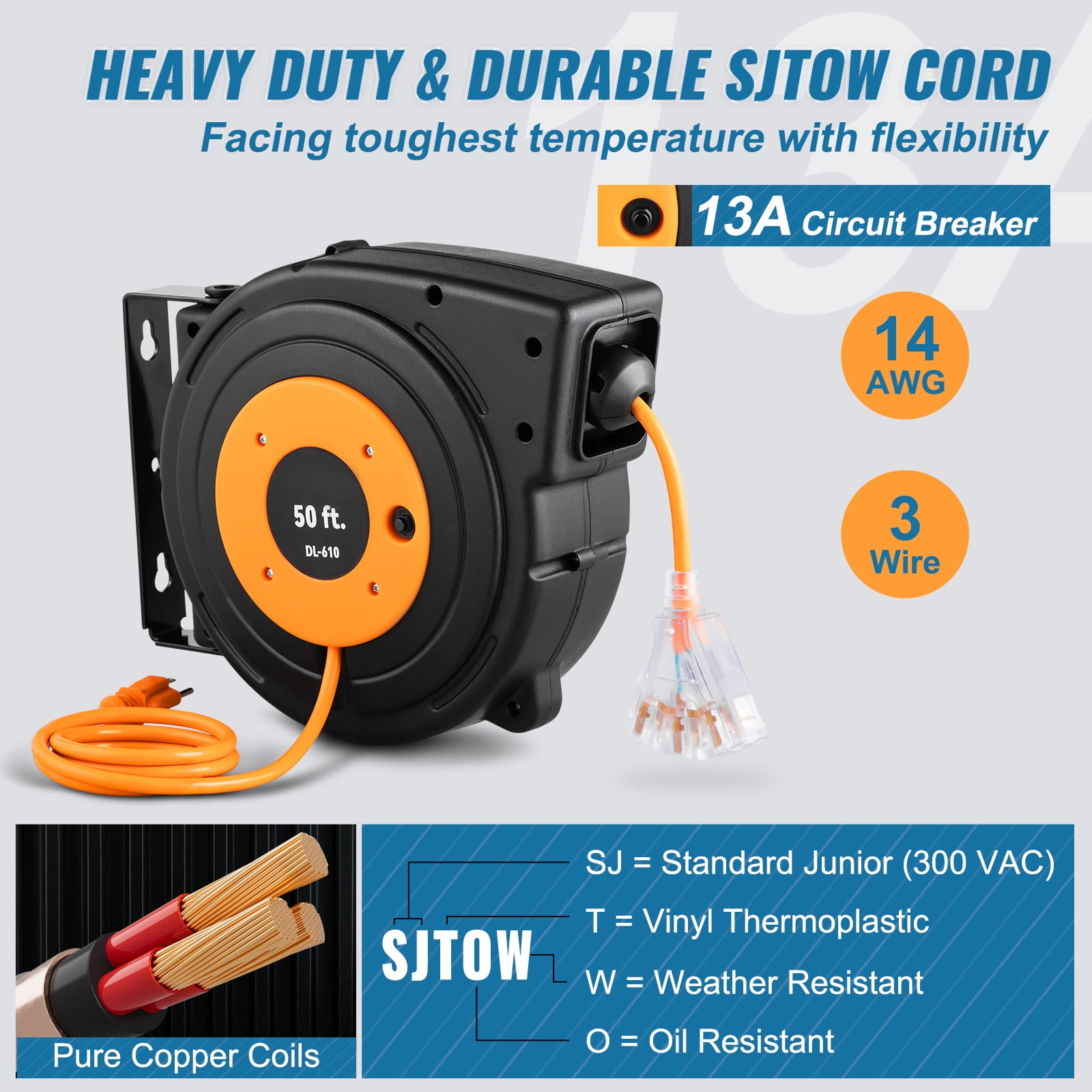 KFFKFF 14 Gauge Extension Cord Reel, 50 ft Retractable Extension Cord, 14 AWG/3C SJTOW Cable with Illuminated Triple Tap Socket, 13 Amp Circuit Breaker, 180° Pivoting Bracket for Overhead