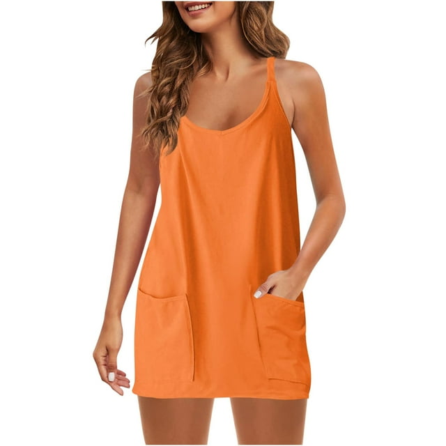 QUYUON Robes de Sport pour Femmes avec Shorts Intégrés Liquidation Ensembles d'Été 2 Pcs Poches Col Rond Sans Manches Robe d'Exercice pour Golf Tennis Mini Robe Courte Orange TTG